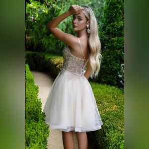 Elizabeth K by GLS Champagne Gold Corset Lace Up Formal Dress Size L